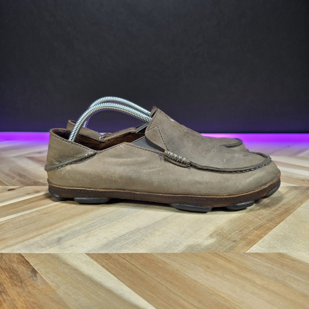 OluKai Moloa Men's 9 EU 42 Brown Leather Casual Slip On Loafer Shoes 10128-4103